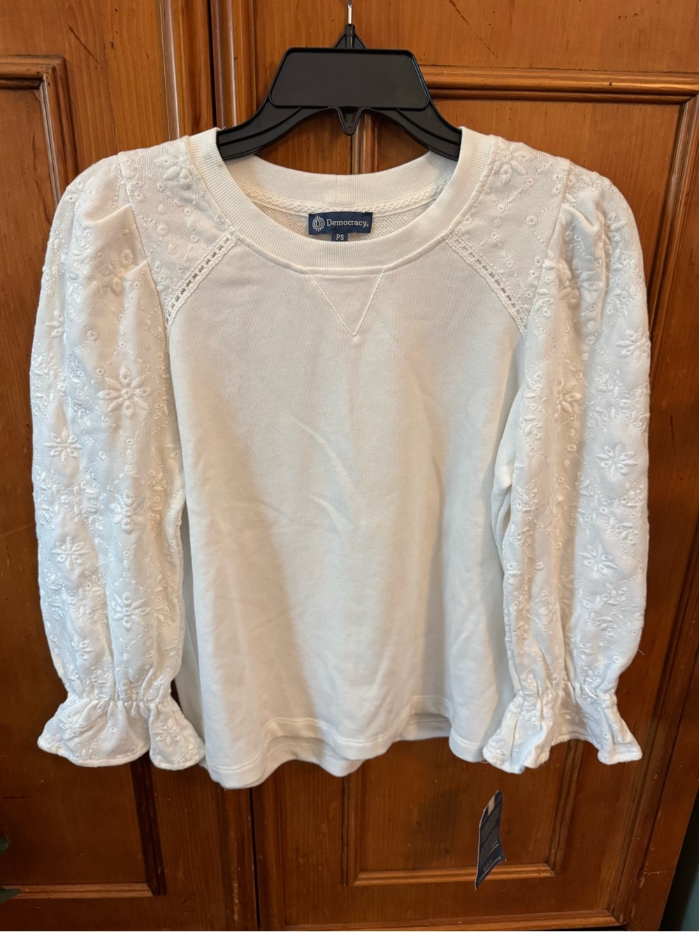Democracy Cream Embroidered Puff Sleeve sweater
